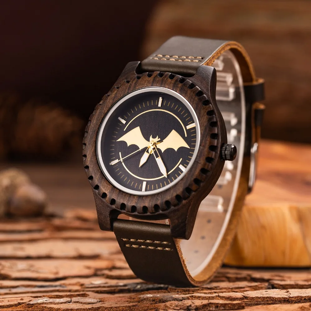 Лидирующий бренд GIMSR, мужские деревянные часы, креативные кварцевые деревянные часы с Бэтменом, мужские часы с кожаным ремешком, relojes finos de hombre