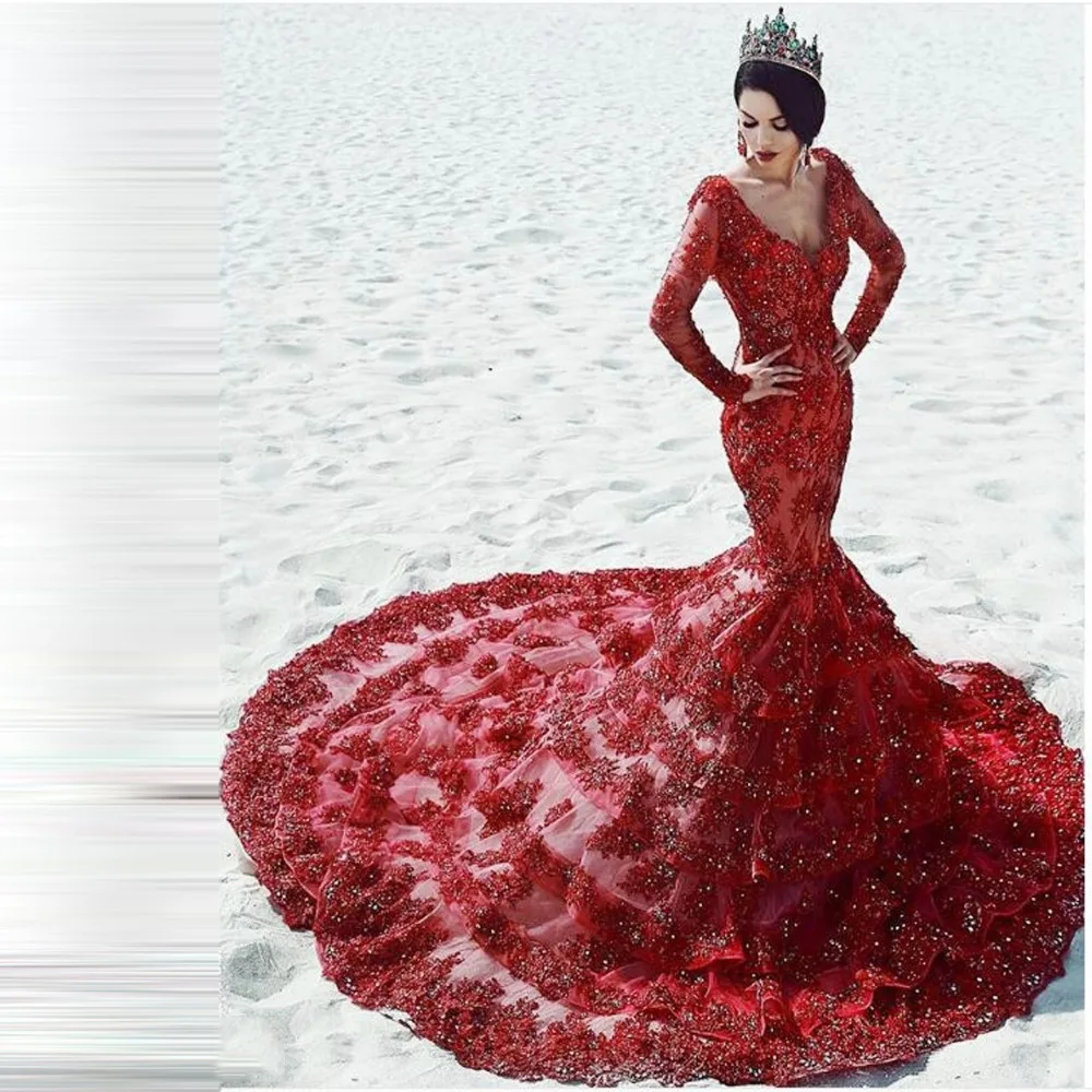 

Saudi Arabic 2018 Luxury Wine Red Mermaid Prom Gowns V-neck Full Sleeves Crystal Lace Formal Party Dresses Abendkleider