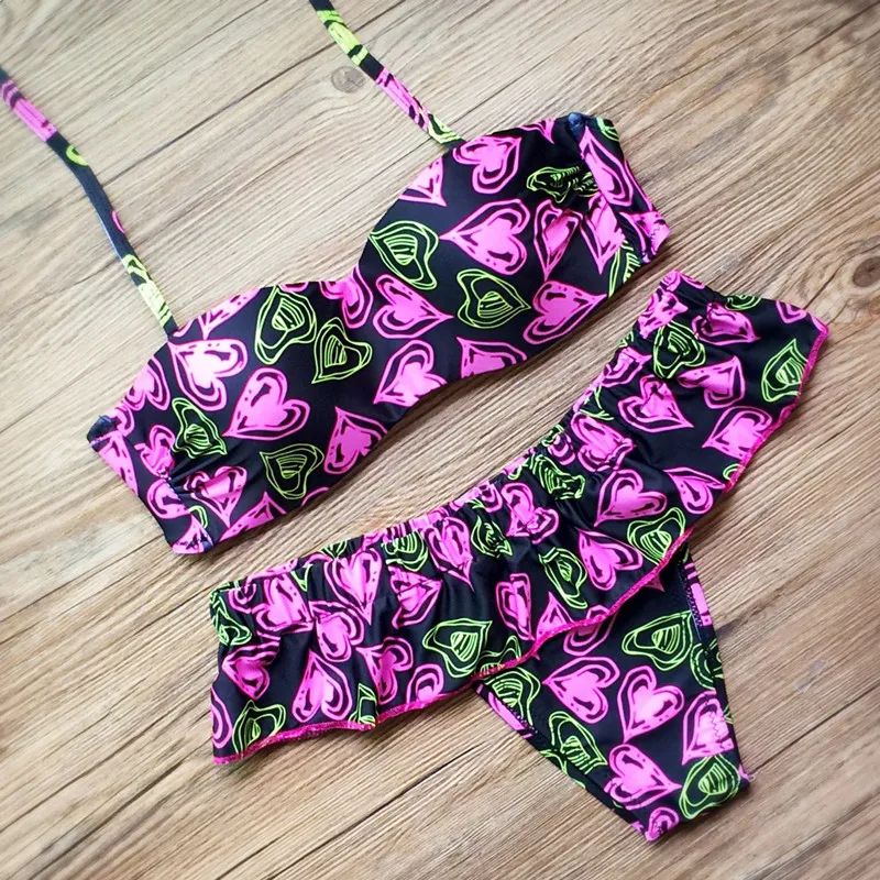 

Summer Vacation Women's Swimsuit Biquini Low Waist Swim Floral Print Ruffled Soft Pad Swimwears Females Monokini Swimwear Bikini