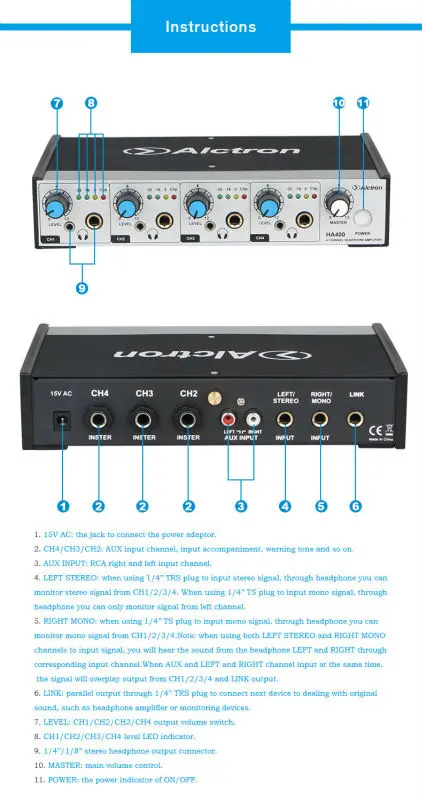 Alctron HA400 Профессиональный 4 канальный усилитель для наушников для сцены, церковь, студии