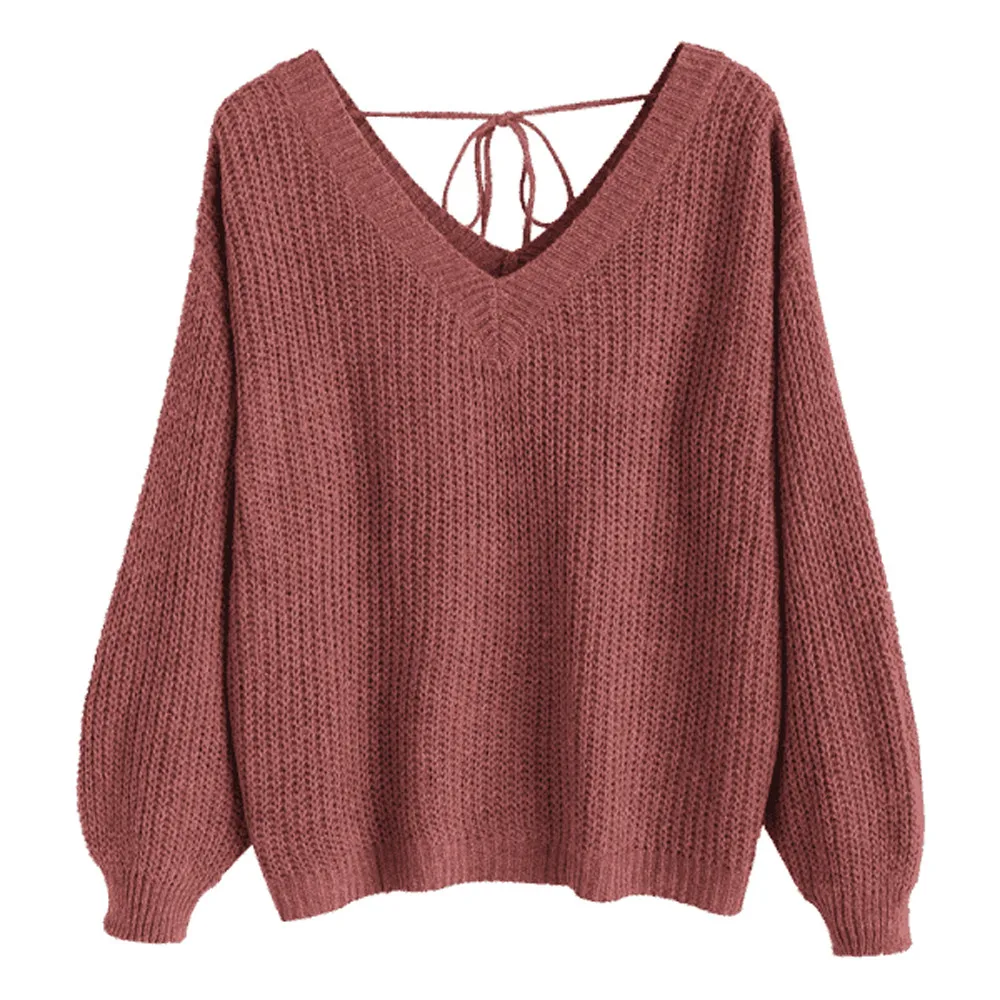 

Women Autumn Back Tied Long Sleeve Womens O-neck Solid Loose Long Sleeve Knitting Tops Short Sweater Blouse blusa feminina