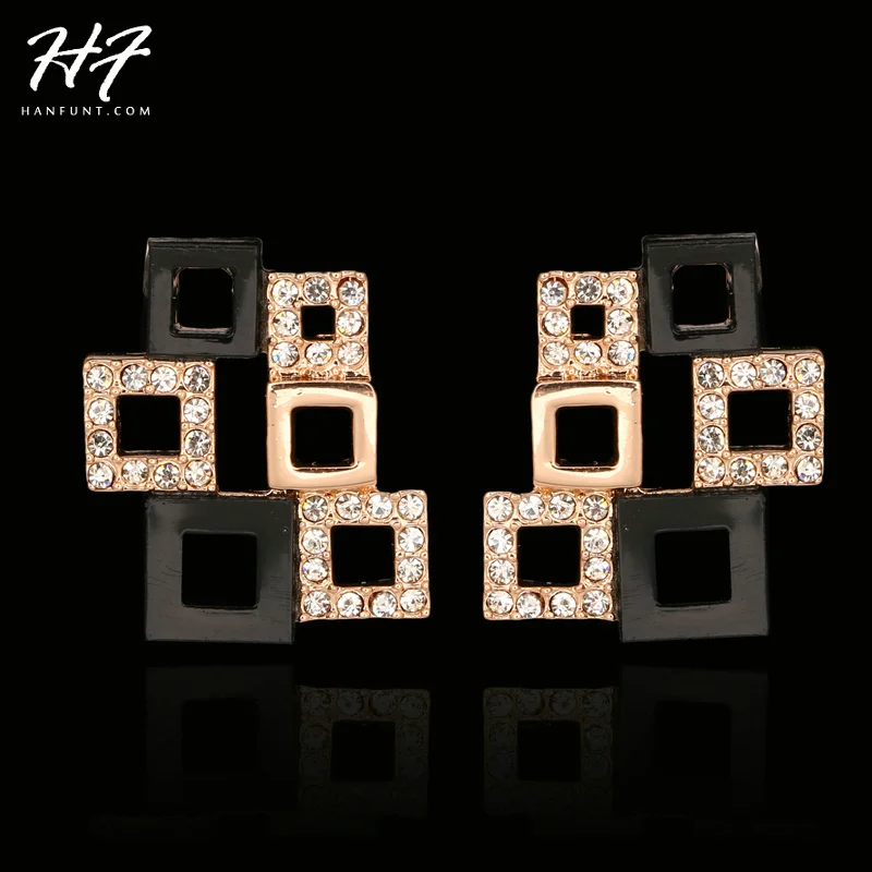 

New! Latest Design Rose Gold Color Hollowed Shells and Crystals Checkered Frame Earrings E025