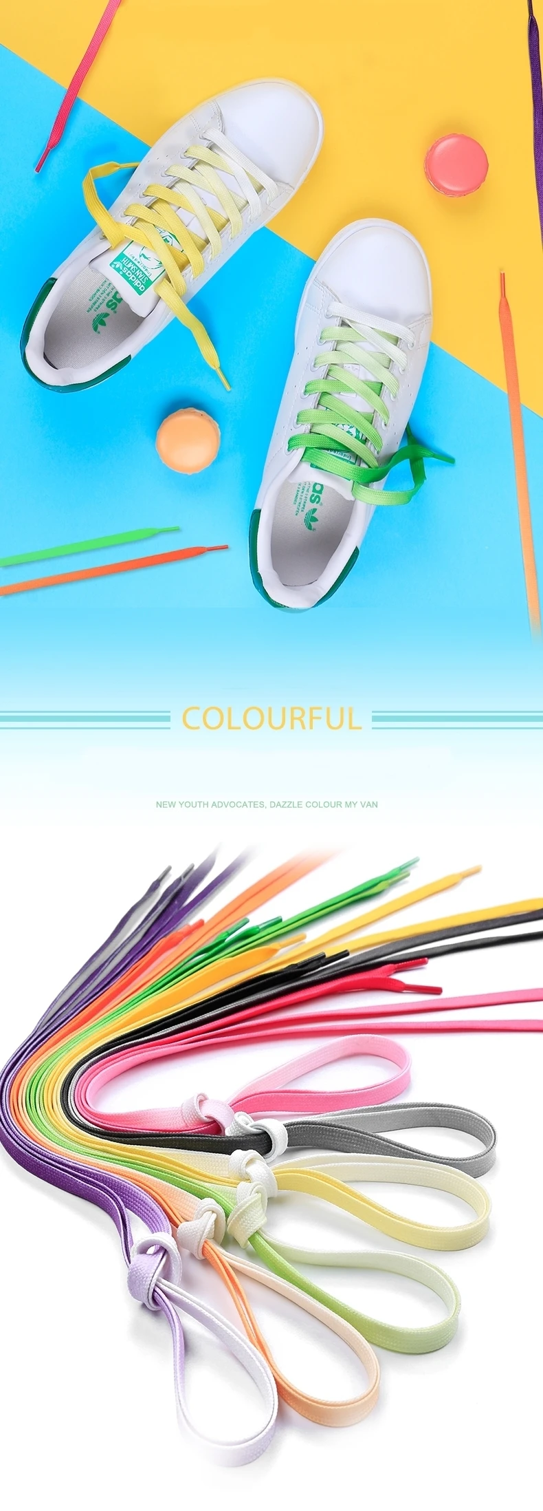 1Pair Colorful Shoelaces Candy Gradient Print Flat Canvas Shoe Lace Shoes Casual Chromatic Colour Shoelaces