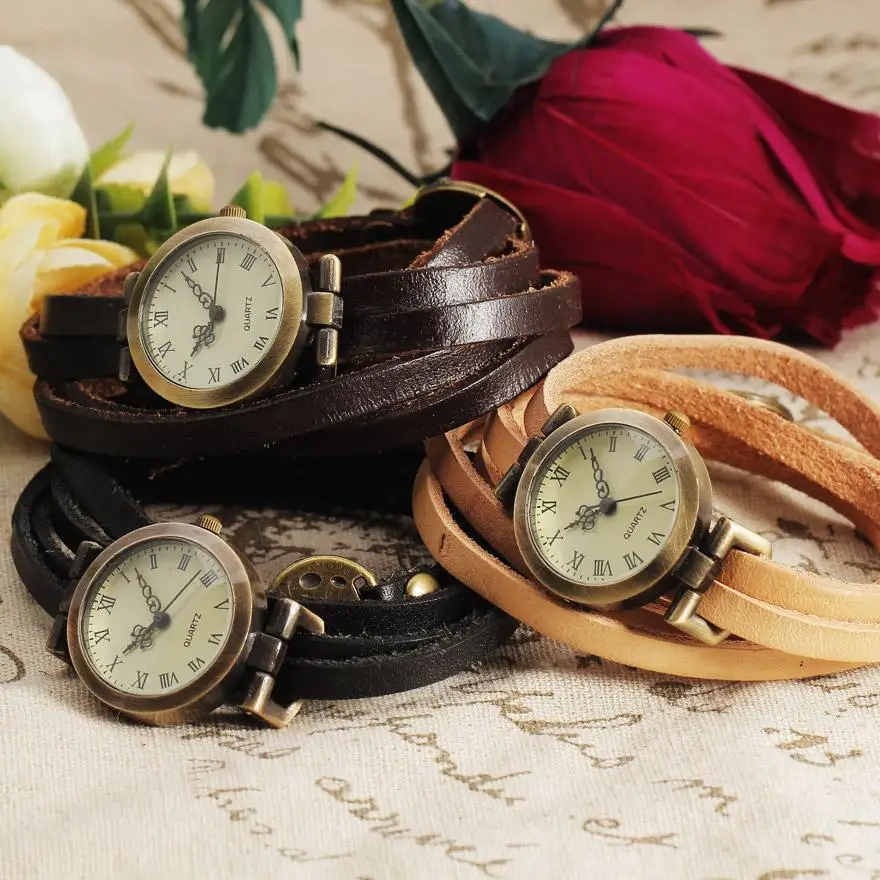 Vintage Brass Case Roman Dial Lady Women Quartz Watch Ladies Wristwatches Genuine Leather