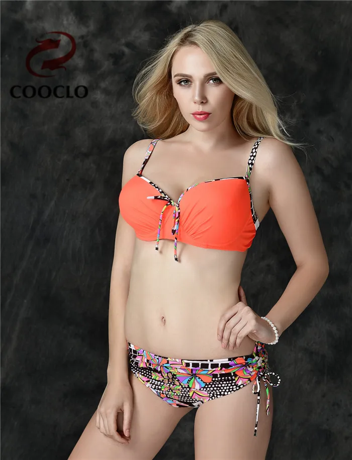Günstige COOCLO 2019 Neue Ankunft Frauen Push up Plus Size Bademode Badeanzug Bügel Gepolsterte Bikini Set Badeanzug Vintage Strand Tragen