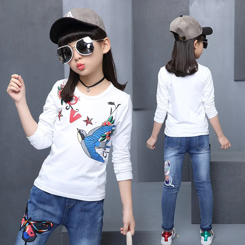 

2018 New Battery Girl Long Sleeved Girl Spring Dress Bird T Shirt Middle Boy Children's Shirt Children's Shirt