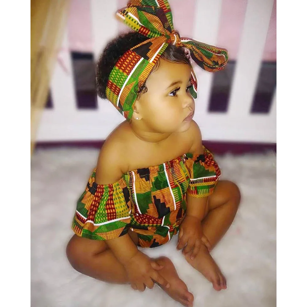 

2019 new elegent fashion style african children polyester printing plus size bodysuit with headtie