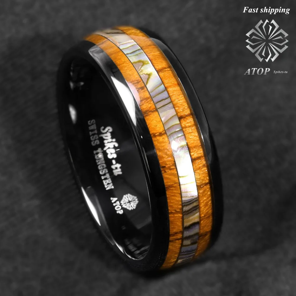 8mm Tungsten Carbide Ring Koa Wood Abalone Wedding Band Ring Men's Jewelry 