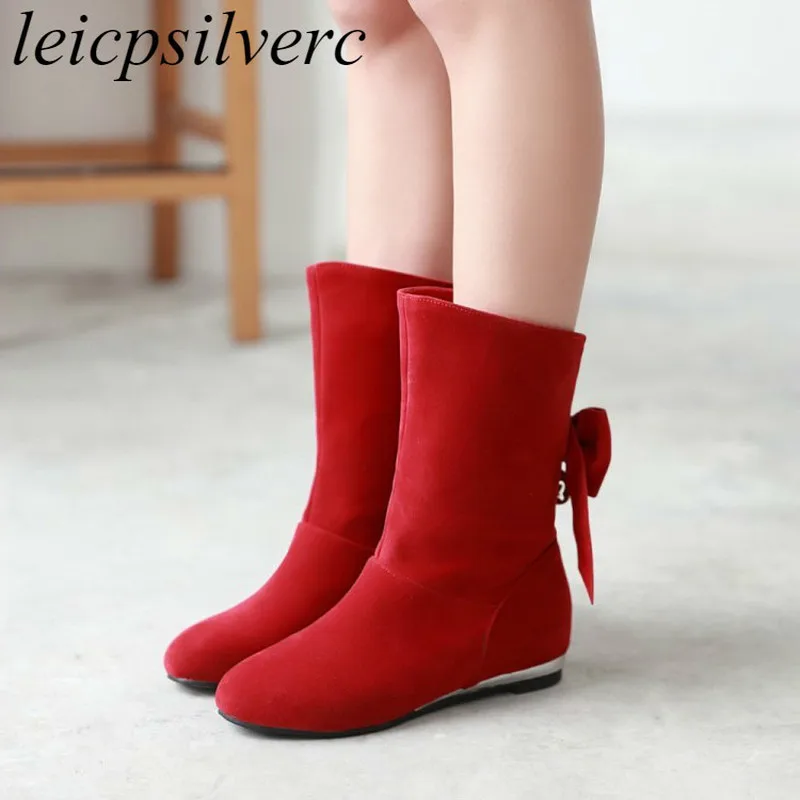 

Women Boots Autumn Winter 2018 New Sexy Fashion Flock Butterfly-knot Mid-calf Motorcycle Boots Red Black Brown Flat Martin Shoes