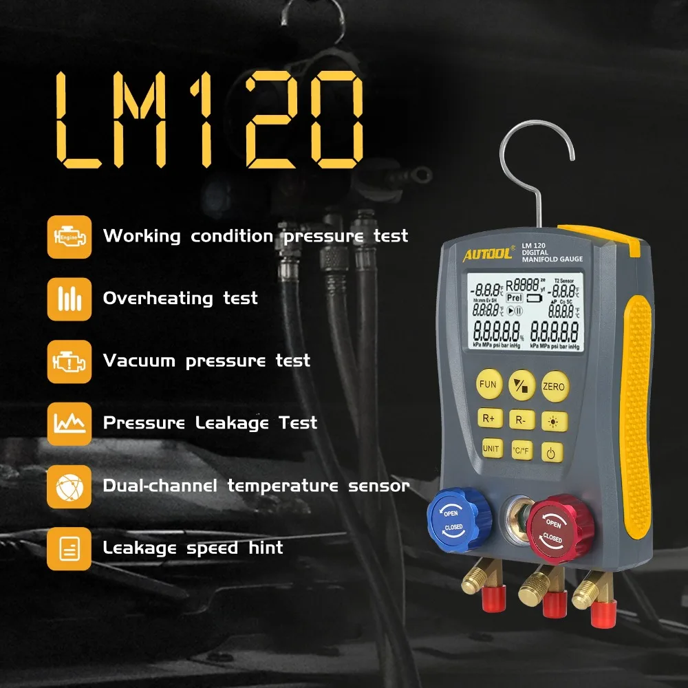 

LM120 Refrigeration Digital Manifold Gauge Meter HVAC Vacuum Pressure Temperature Tester Leakage Test