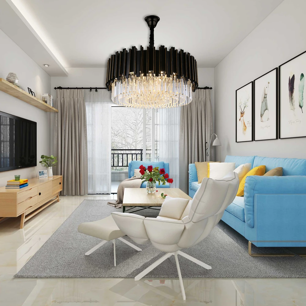 

Luxury Modern Round Crystal Chandelier Light Lamp Body For Living Room Lobby Hanging LED Lustres De Cristal Black Lighting