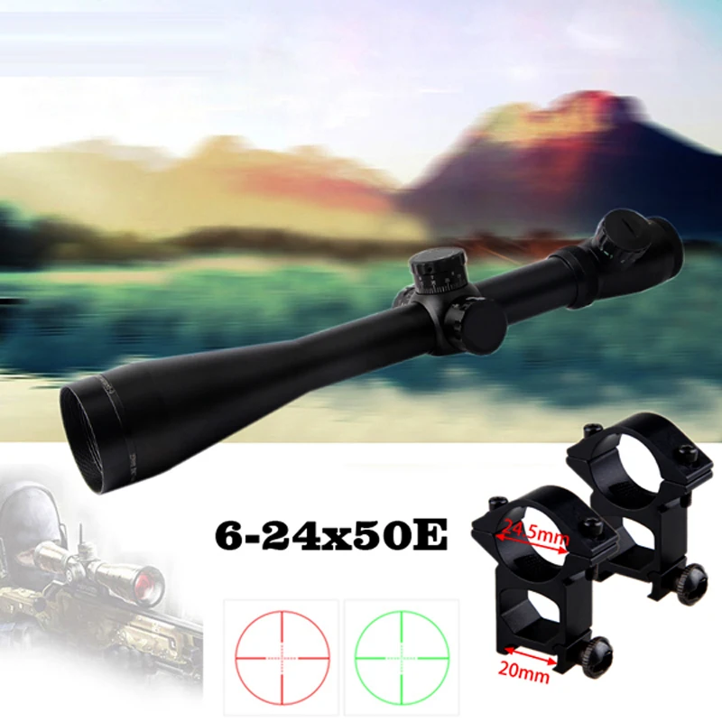 

Outdoor 6-24x50mm Rifle Telescopic Scope Sights Mounts Hunting Duplex Reticle Matte Black +Red And Green Double Lighting+2Mounts