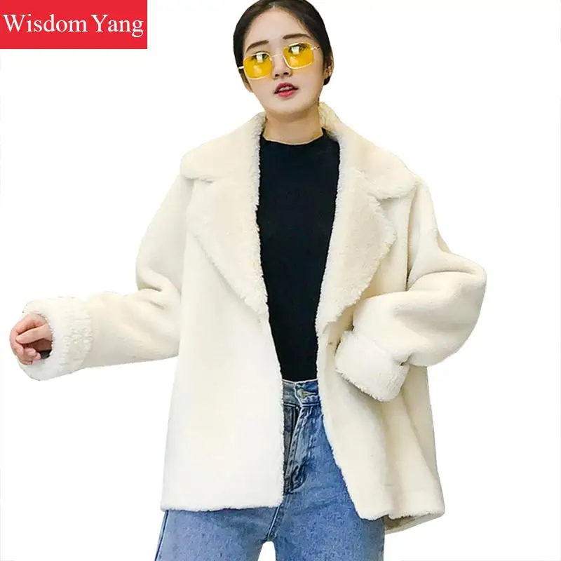 

Elegant Winter Womens Coat White Khaki Sheep Shearing Suede Woollen Cashmere Wool Overcoat Loose Oversize Woolen Coats Outerwear