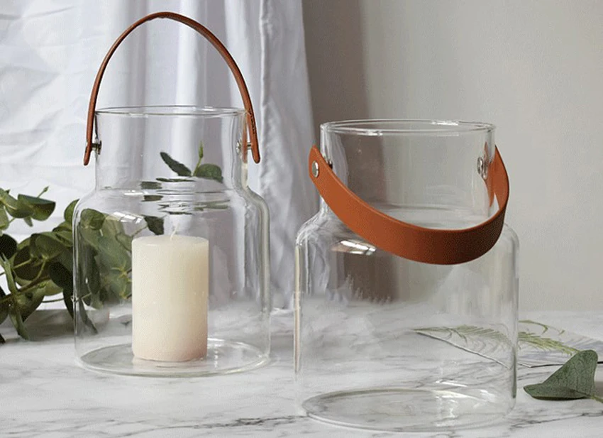 Уникальная Скандинавская стеклянная банка для хранения бутылок с кожаной ручкой минималистичный стол органайзер для хранения бутылок ваза для цветов контейнер Декор
