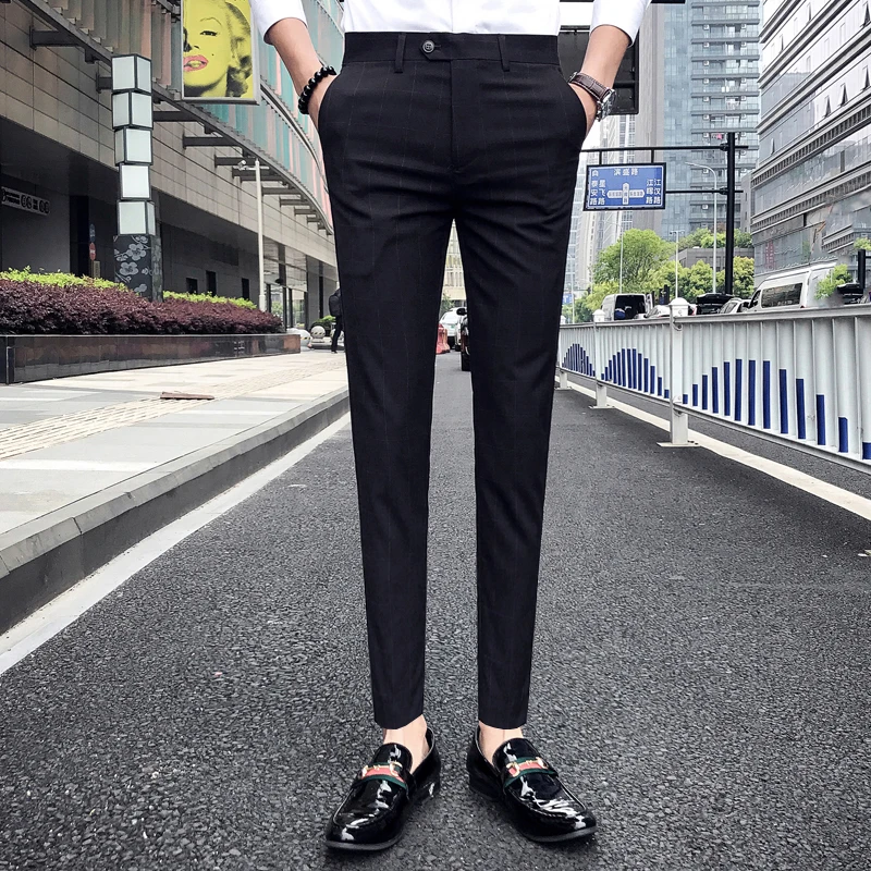 Pantalon, классические мужские клетчатые брюки, брюки, мужские свадебные брюки, мужские офисные брюки, Черные Серые повседневные деловые брюки, облегающие - Цвет: black
