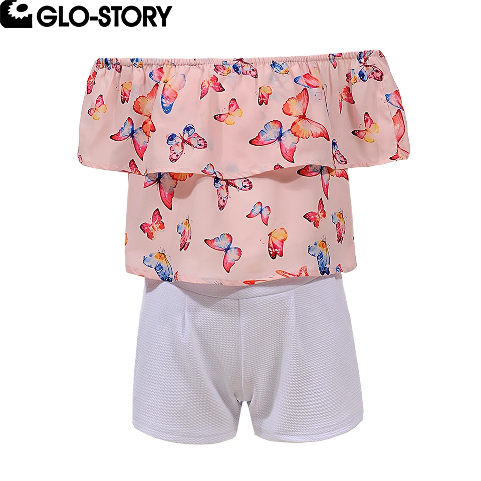 

GLO-STORY Teens Kids Girls Summer Off shoulder Shorts Suits Childrens Clothing For 110CM-160CM GCS-6165