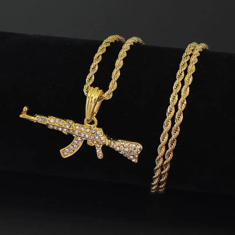 

Bling bling AK-47 revolving pistol submachine gun hip hop gold silver crystal pendant necklace,iced out Cuban chain jewelry