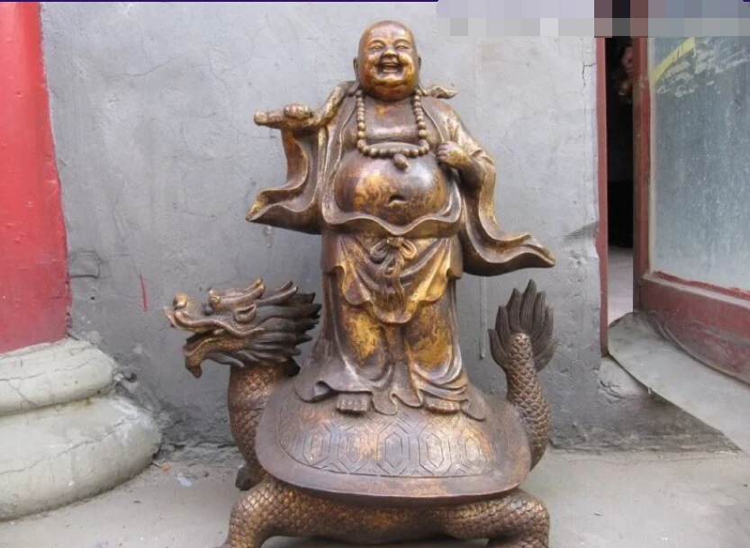 

23" INCH Chinese classical Old Bronze Buddha Ride on Dragon tortoise Statue