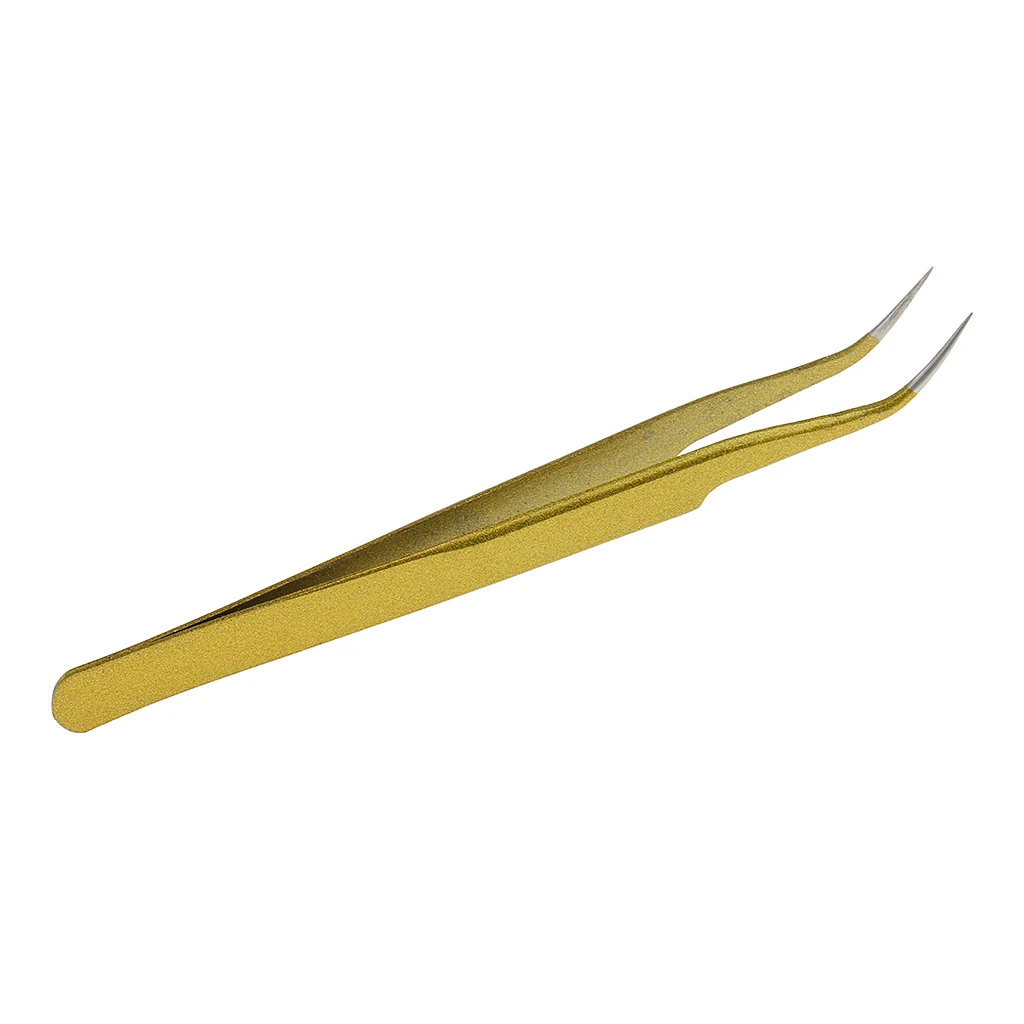 Professional Stainless Steel False Eyelash Extension Tweezers Curved Head Gold Beauty Makeup Tool