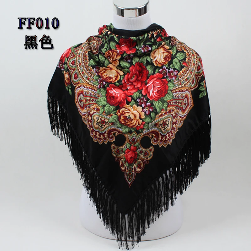 Новинка, Модный женский большой квадратный шарф с принтом, шарф в русском этническом стиле, женские зимние шарфы FF010 - Цвет: black