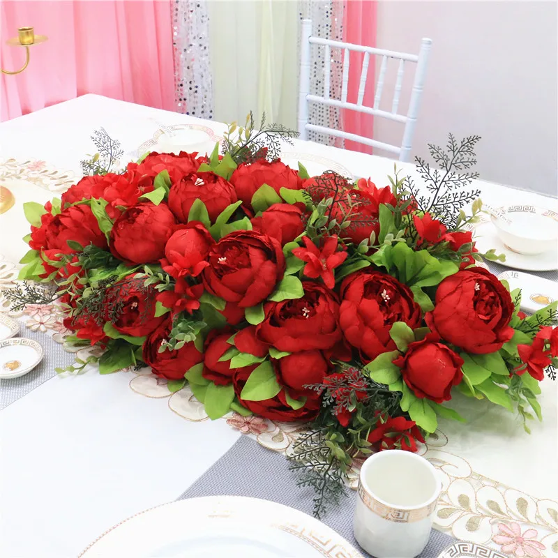 Custom luxury DIY wedding decor table flower runner artificial flower row arrangement table centerpieces rose peonies green leaf - Цвет: Красный
