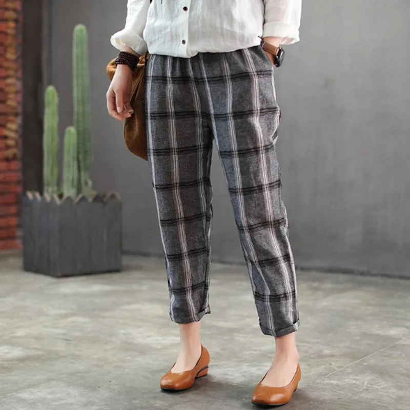 2018 summer women's spring pants elastic waist plaid