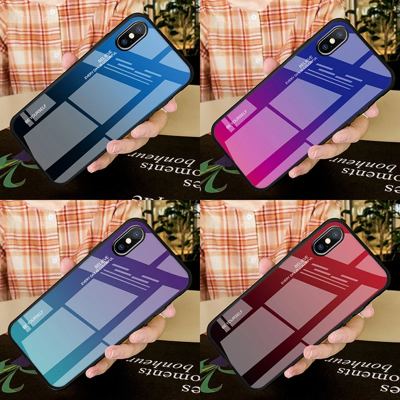Luxury Gradient Phone Case On For iPhone 6 6S 7 8 Plus Coque Tempered Glass Cover Case For Apple iPhone X XR XS MAX i Phone 6 6S