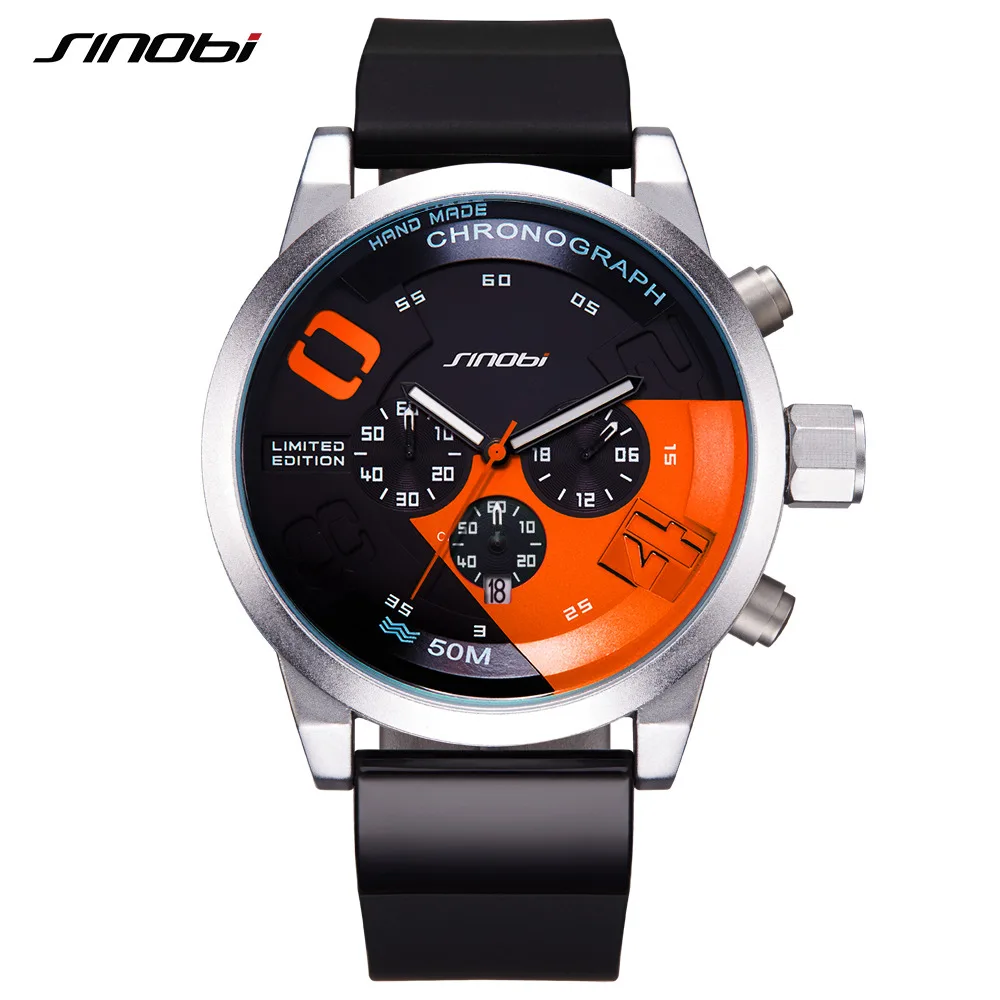 

SINOBI Brand Sport Men's Watches Fashion Large Dial Design Chronograph Military Waterproof Quartz Wrist Watch Relogio Masculino