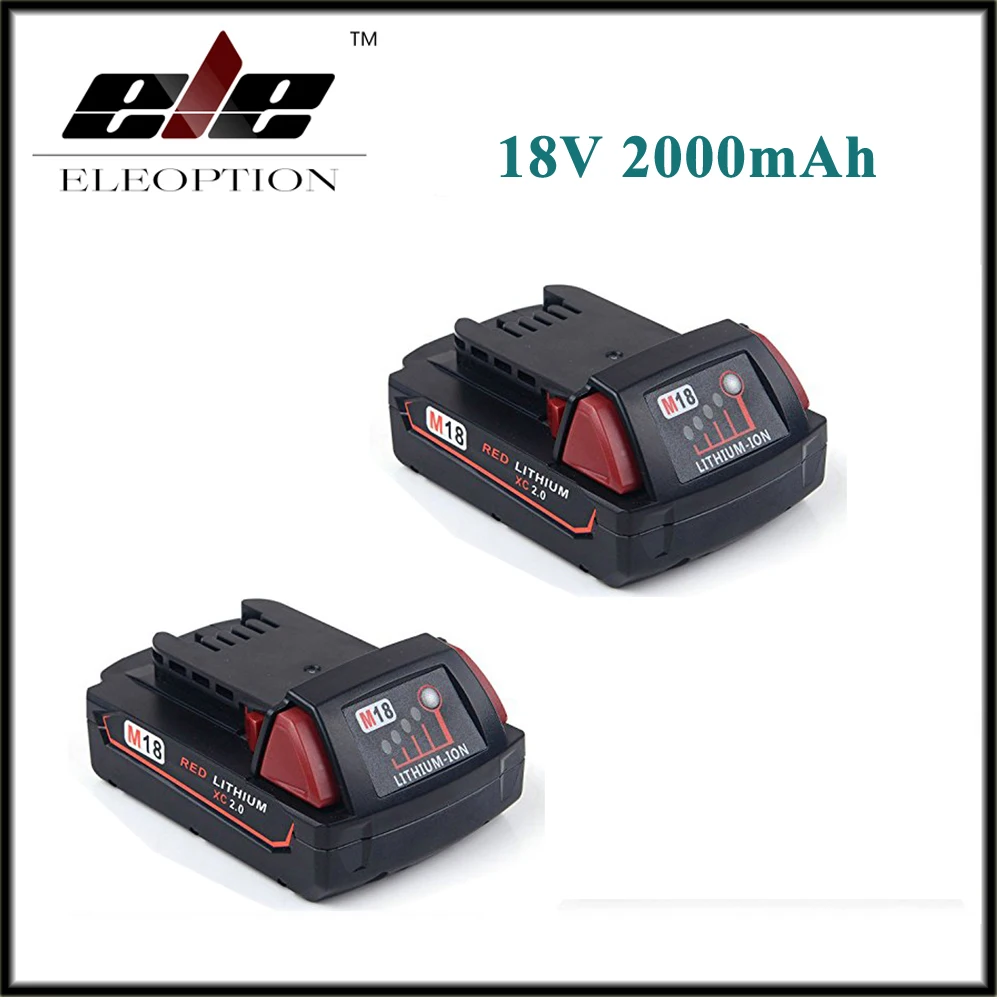 

2x Eleoption 2000mAh 18V Li-Ion Replacement Rechargeable Power Tool Battery for Milwaukee M18 XC 48-11-1820 M18B2 M18B4 M18BX