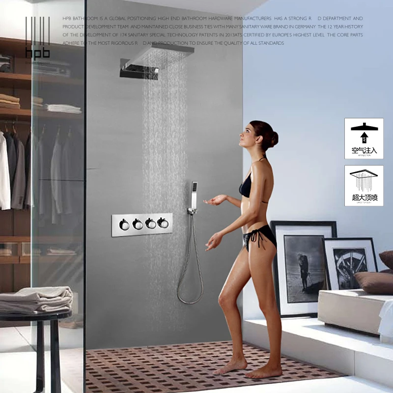 

Luxury Hot and Cold Thermostatic shower Brass 4 Functions Waterfall & Rain Shower Faucet Set with Handshower Chrome Wall Mounted