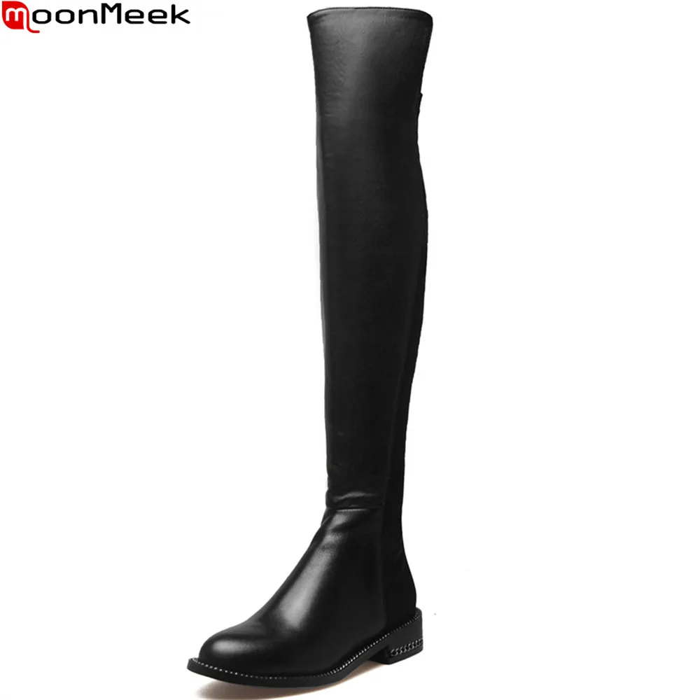 

MoonMeek fashion new women boots round toe zipper ladies genuine leather +stretch fabric boots med heel over the knee boots