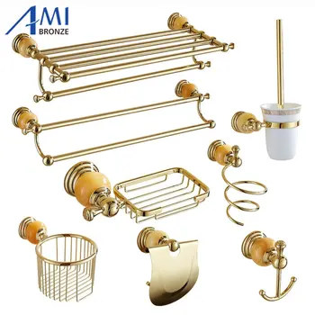 

511G Series Golden Polish Brass & Jade Wall Mounted Bathroom Accessories Sets Towel Rack Towel Shelf Paper Holder Soap Dish