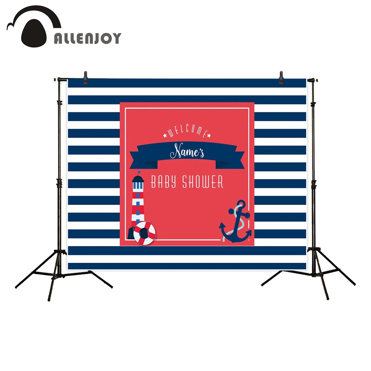 

Allenjoy backdrop for photography studio Navy blue stripe baby shower lighthouse background newborn Birthday customize photocall