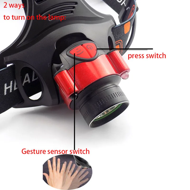Светодиодный налобный фонарь с датчиком жестов T6, мощный головной светильник со вспышкой, налобный головной светильник фонарь 18650 или AA с батареей, фронтальная лампа