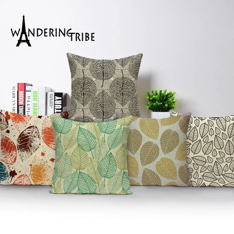 

Tropical Leaves Fabric Green Pillows Spring Pillow Covers Home Decor Cushion Cover Shabby Chic Flax Living Room Cushions 45*45