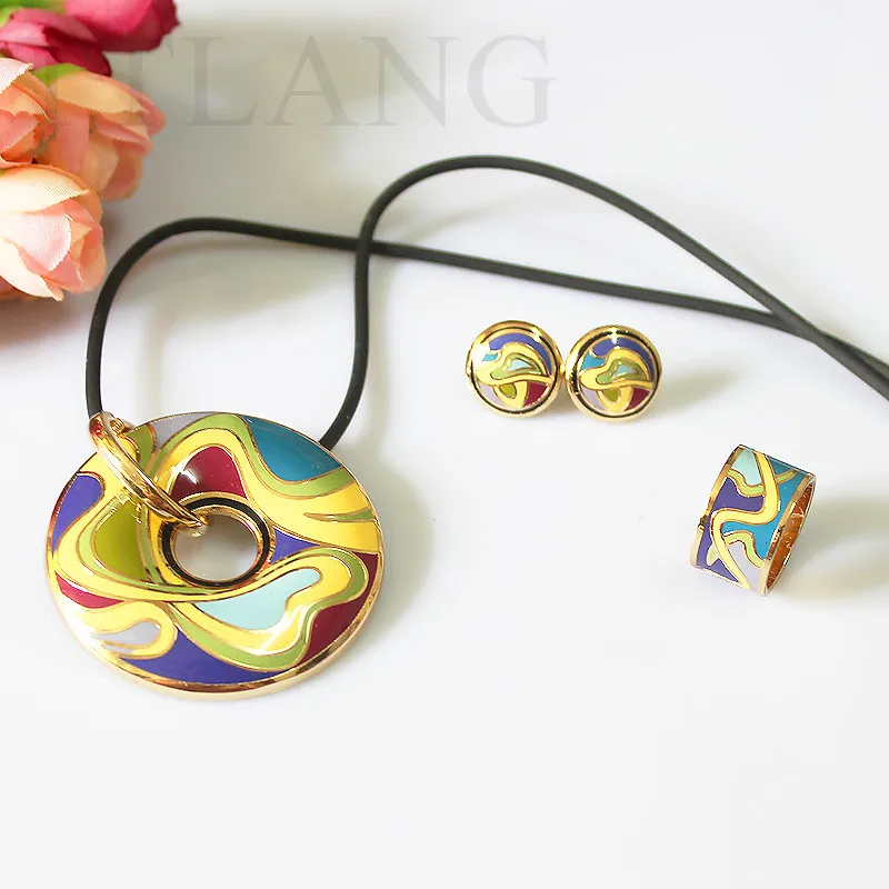 

Colorful Yellow Stream Ribbon Design Enamel Jewelry Set (Necklace, Earring, Ring)
