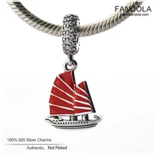 Горячая Распродажа, Настоящее серебро 925 проба, Красная эмаль, китайский мусорный корабль, очаровательные бусины-подвески, подходят к оригинальному браслету, Аутентичные ювелирные изделия