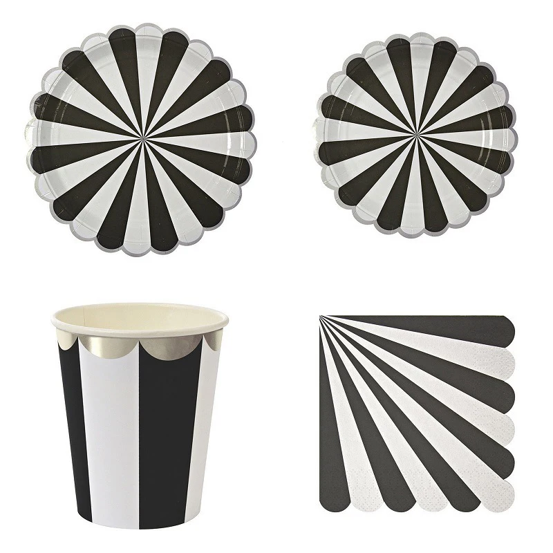 

Black Stripe Party Cups with Silver foil Plate and Napkin Silver Foiled Tableware Sets For Wedding Birthday Outing Picnic Supply