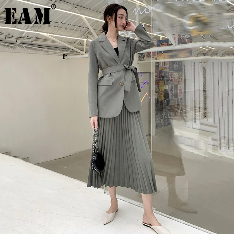 [EAM] 2020 New Spring Autumn Lapel Neck Long Sleeve Button Bandage pleated Half-body Skirt Two Piece Suit Women Fashion JY108