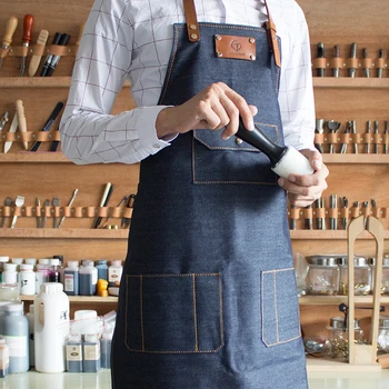 

Cotton Washed Denim Apron overalls Nail man and woman Barista printing Western restaurant floral