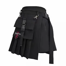 Momoluna женские трапециевидной формы с высокой талией, клетчатый Карманный ремень, теннисные плиссированные черные юбки, женские s m l