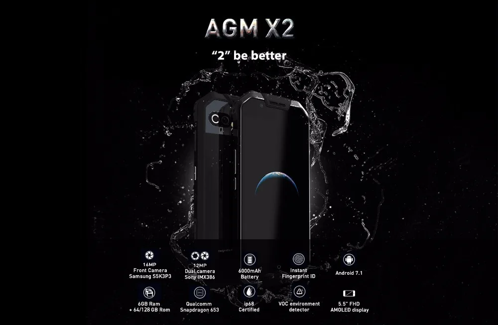 AGM X2 MSM8976SG Восьмиядерный IP68 водонепроницаемый смартфон 5," 6 ГБ ОЗУ 64 Гб/128 Гб ПЗУ 6000 мАч NFC 12 МП двойной настоящий мобильный телефон Cemara