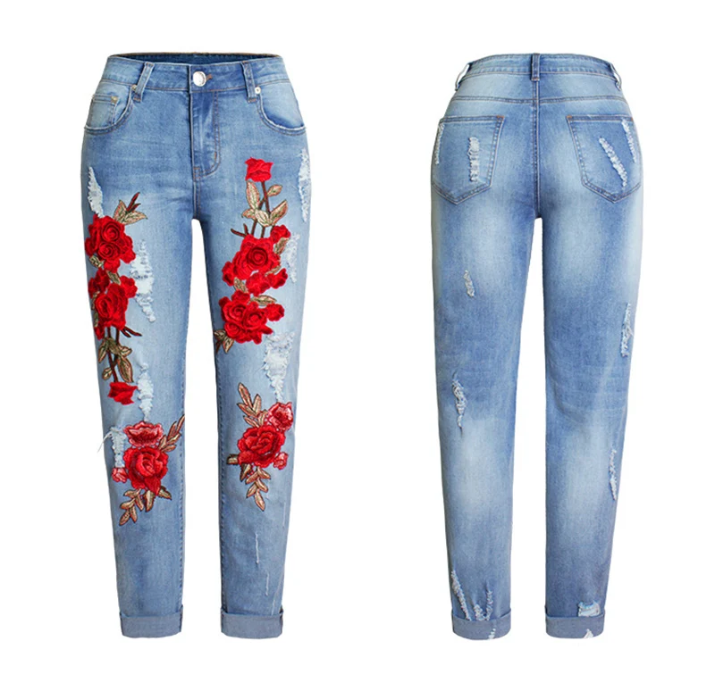 Женские Стрейчевые свободные джинсовые брюки цвета цветы 3D Трехмерная вышивка рваные джинсы jf3306