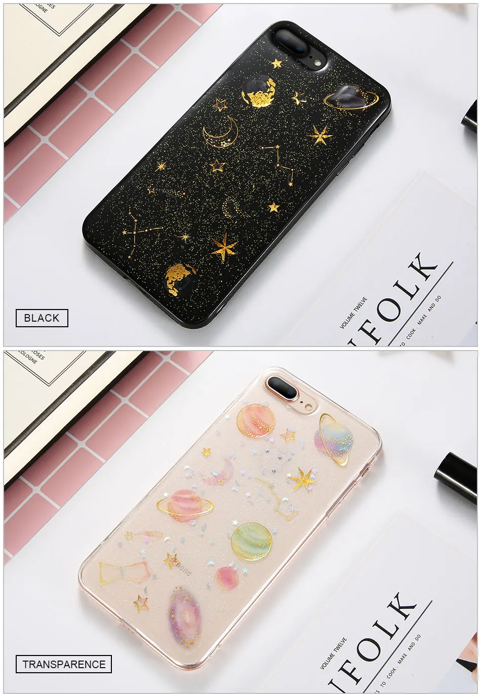 DOEES Phone Case For iPhone 6 6S 7 7 Plus 8 8 Plus Glitter Silicone Case Moon Planet Pattern Transparent Cover For iPhone 6 7 8 (7)