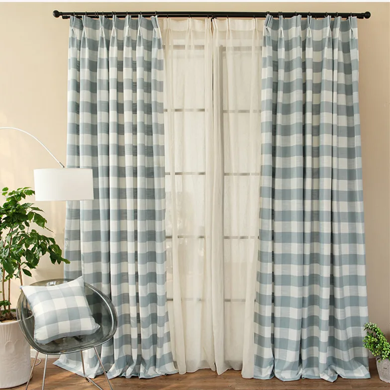 

Japanese Fresh Korean Pastoral Minimalist Cotton and Linen Size Grid Shading Curtains for Living Dining Room Bedroom.