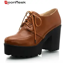 Moonmeek/с круглым носком обувь на высоком каблуке, на шнуровке Большие размеры 33–43 партия обуви одного женские туфли-лодочки Весна