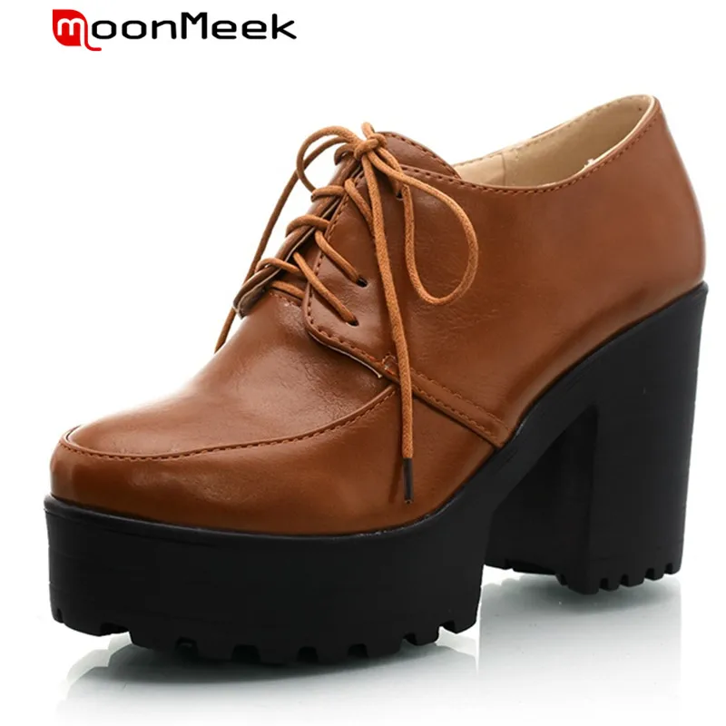 

MoonMeek Round toe high heels shoes lace-up solid big size 33-43 party shoes single women pumps spring college style