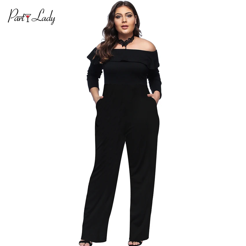 Party Lady New Plus Size Jumpsuits For Women 2018 Summer Women Rompers  Combination Female Sexy Loose Print Full Length Black -D