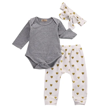 

2017 Newly Autumn Warm Clothing Kids Baby Girls Outfits Headband+T-shirt Top+Leggings Heart Pants Clothes Set 0-18M