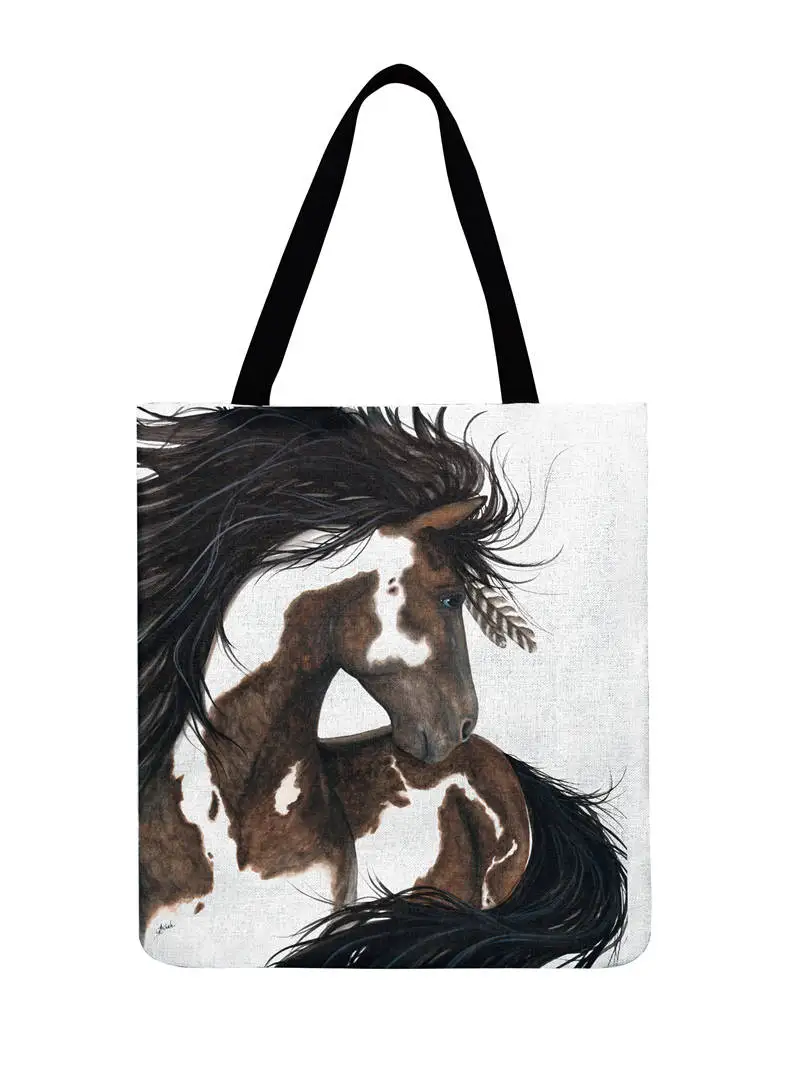 С принтом животного, лошади, Повседневная Сумка-тоут из льняной ткани, сумка-тоут для женщин, складная сумка для покупок, женская сумка на плечо, уличная пляжная сумка